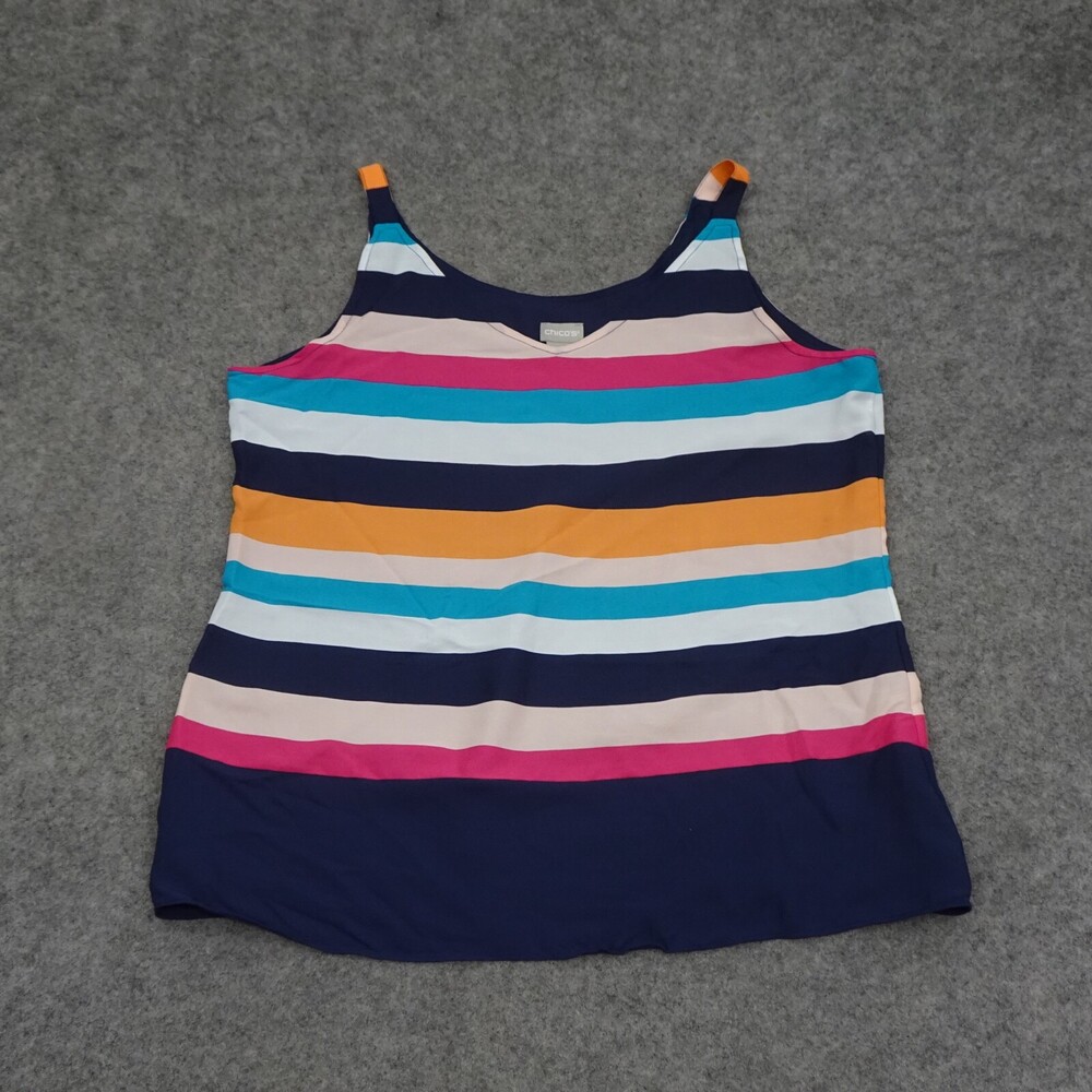 Chicos Tank Top Womens 1 Medium M Blue Sleeveless Shirt Stretch Blouse Striped